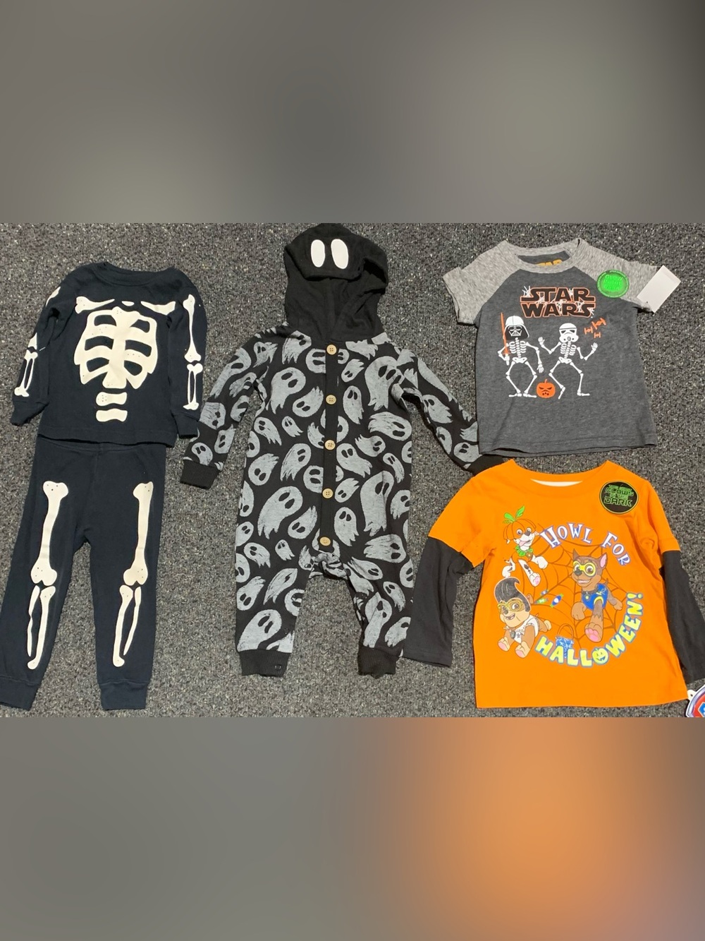 Bundle of boys 12 month Halloween themed apparel - hooded ghost romper - skeleto